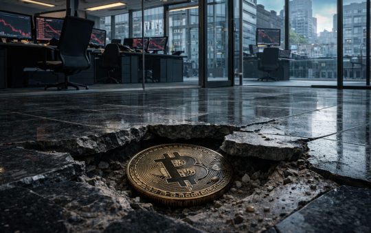 Bitcoin coin sunk into a cracked trading office floor as red market charts flash in the background after the price fell below $70,000
