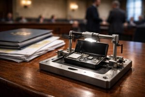 Disassembled crypto wallet device under inspection in a legislative setting, symbolizing proposed backdoor recovery access tied to a state bill amendment