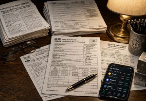 IRS Form 1099-DA beside crypto account records and a phone portfolio app, showing how 2025 coin swaps and sales can still be reported for tax filing