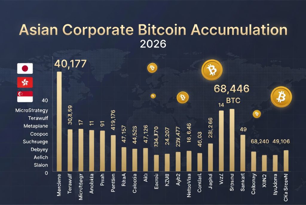 Infographic Asian companies Bitcoin treasury holdings 2026 Metaplanet Effect total 68446 BTC