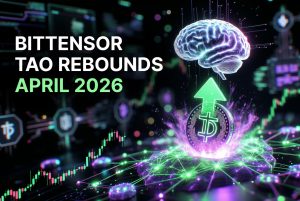 Bittensor TAO token surging in April 2026 with decentralized AI neural network nodes and Covenant-72B breakthrough visualization
