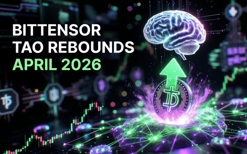 Bittensor TAO token surging in April 2026 with decentralized AI neural network nodes and Covenant-72B breakthrough visualization
