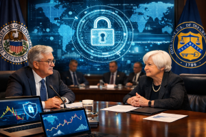 Federal Reserve and U.S. Treasury officials discussing cybersecurity risks in digital financial systems and stablecoin infrastructure.