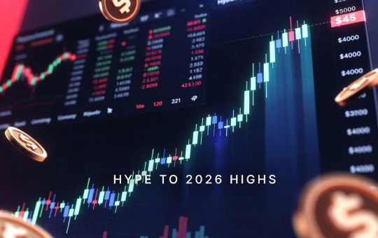Hyperliquid HYPE token surging to new 2026 highs on price chart with futuristic perp DEX trading interface