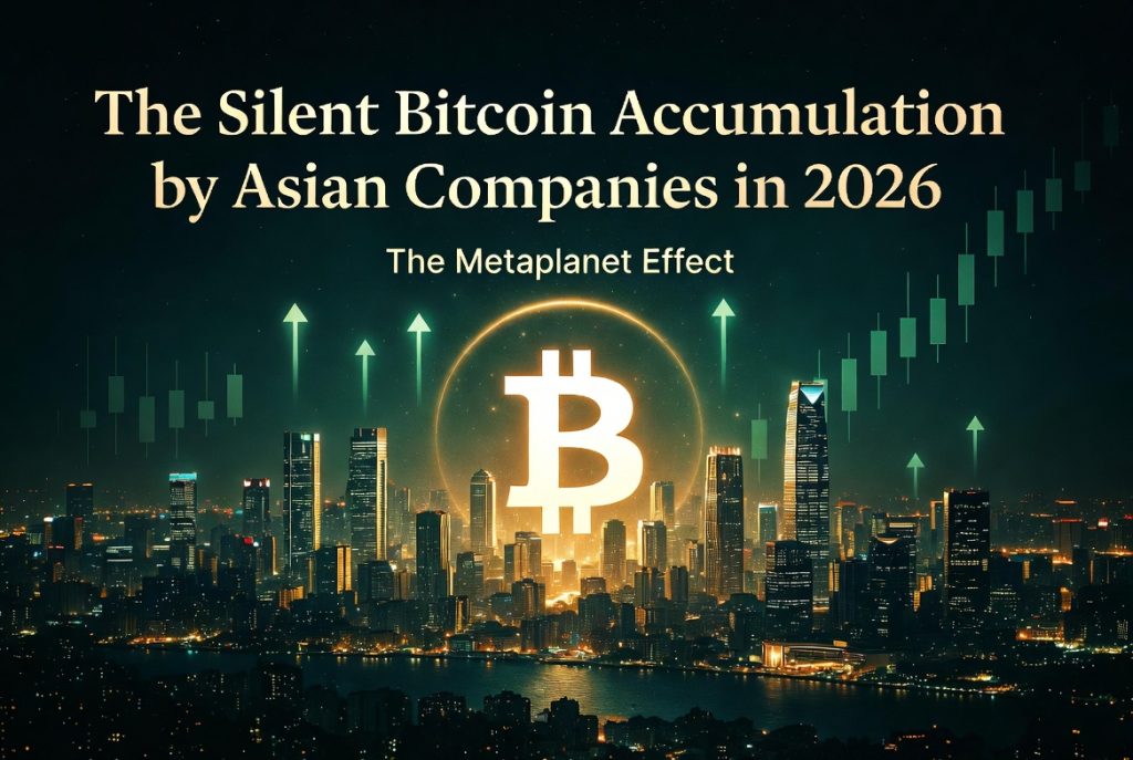 Metaplanet Effect 2026: Asian companies silently accumulating Bitcoin with Tokyo skyline and glowing BTC symbols
