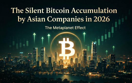 Metaplanet Effect 2026: Asian companies silently accumulating Bitcoin with Tokyo skyline and glowing BTC symbols