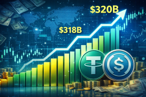 Stablecoin market growth chart showing record $318 billion valuation and rising institutional adoption in crypto finance.