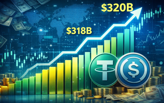 Stablecoin market growth chart showing record $318 billion valuation and rising institutional adoption in crypto finance.