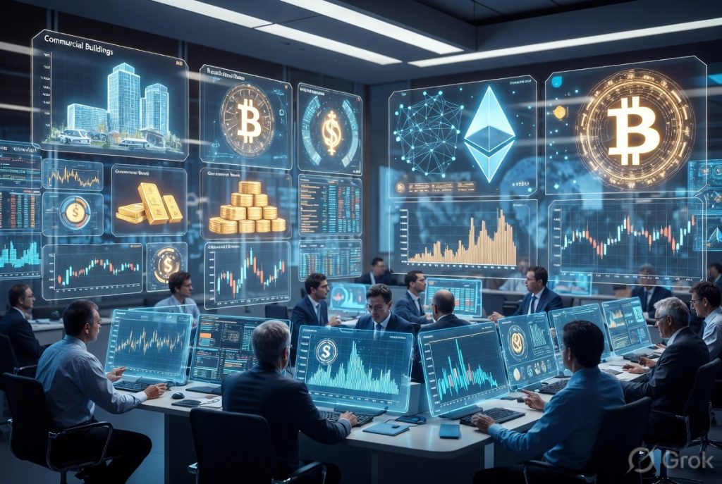 Institutional investors analysing tokenised real-world assets on blockchain technology.