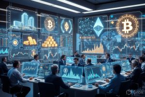 Institutional investors analysing tokenised real-world assets on blockchain technology.