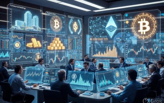 Institutional investors analysing tokenised real-world assets on blockchain technology.