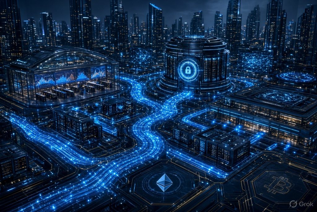 Crypto market infrastructure connecting digital assets and financial networks
