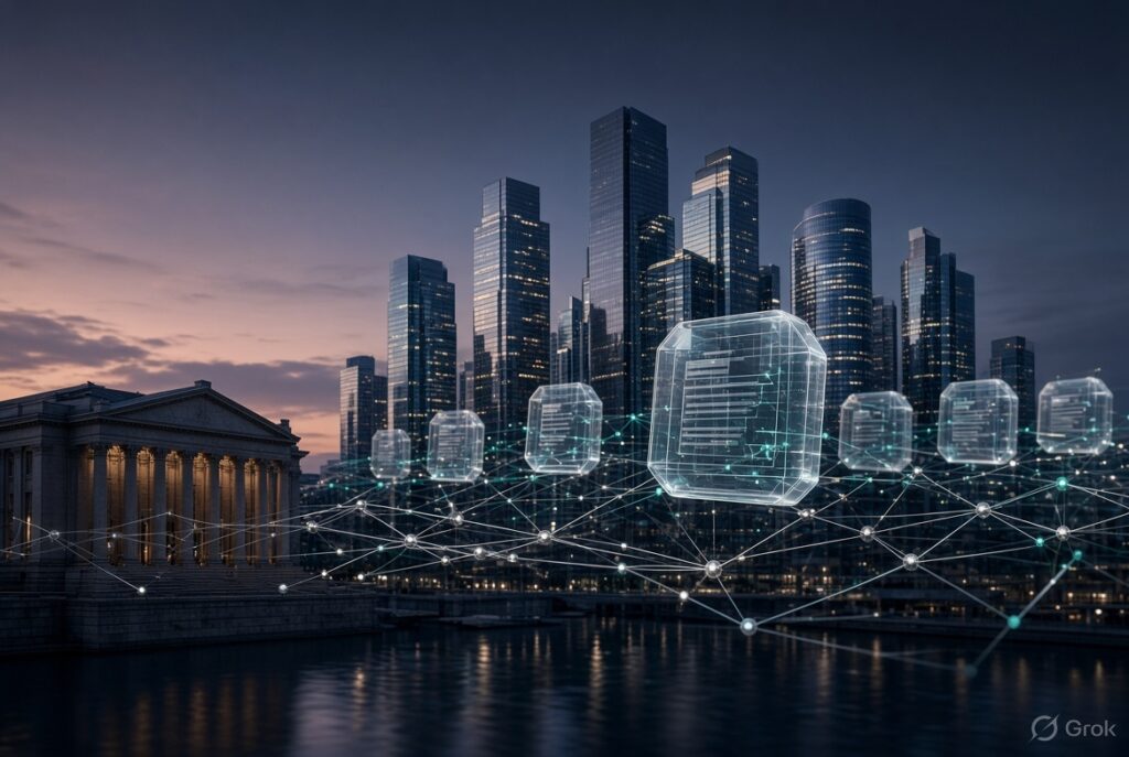 Tokenised investment fund represented on a blockchain network with institutional financial infrastructure.