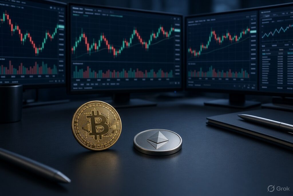 Cryptocurrency market analysis featuring Bitcoin, Ethereum and digital asset charts