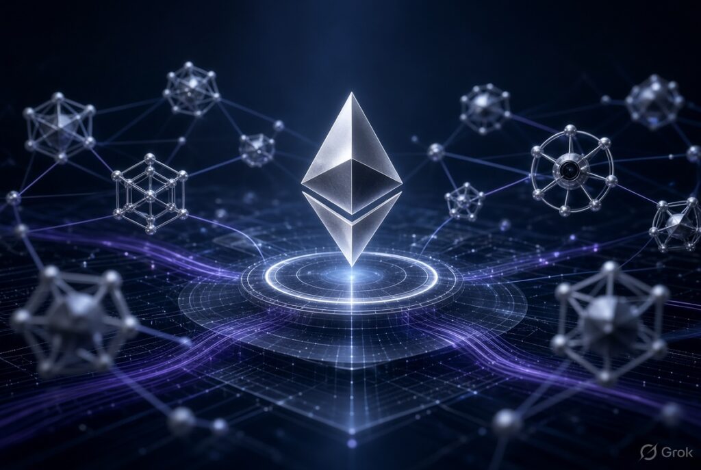 Ethereum symbol surrounded by connected blockchain nodes representing network scaling and transaction processing.