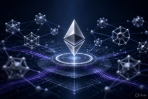 Ethereum symbol surrounded by connected blockchain nodes representing network scaling and transaction processing.