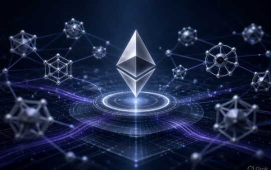 Ethereum symbol surrounded by connected blockchain nodes representing network scaling and transaction processing.